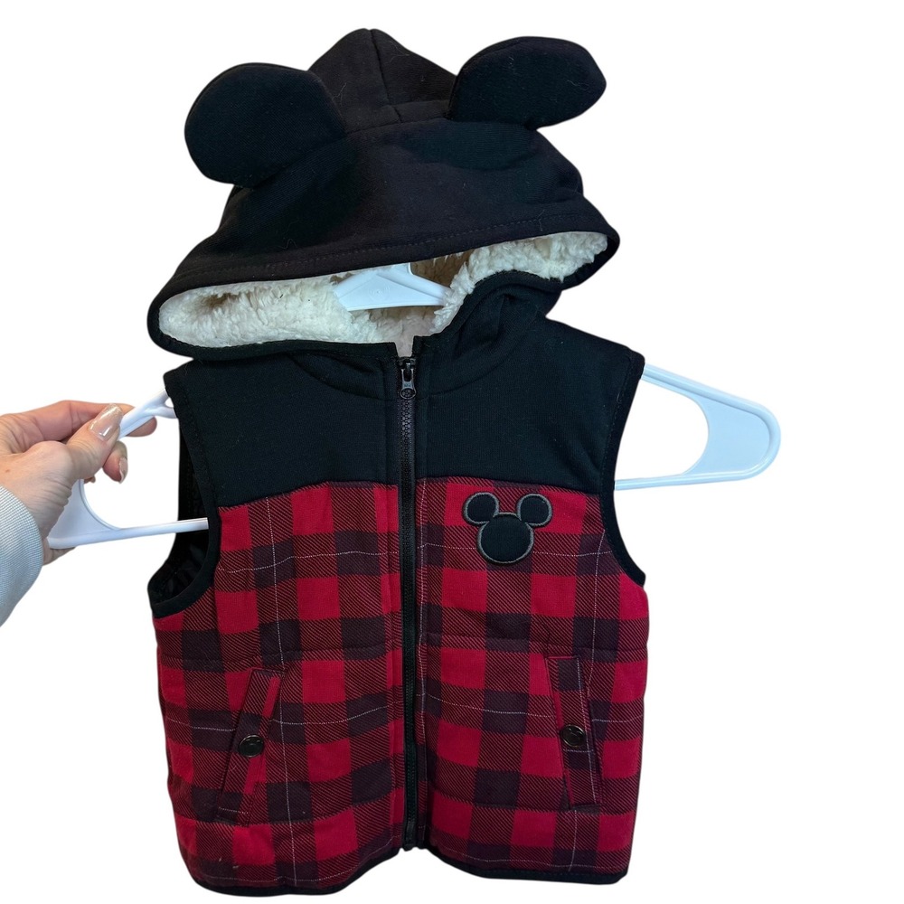 Kids Disney Junior Mickey Mouse‎ Red Plaid Vest with Hood and Ears 18M